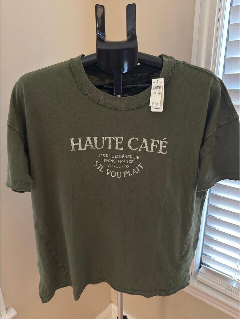 Aerie Haute Café Graphic Tee Olive Green Oversized Paris Shirt XS NWT